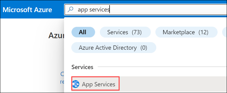 Captura de pantalla de la búsqueda de servicios de aplicaciones en Azure Portal.